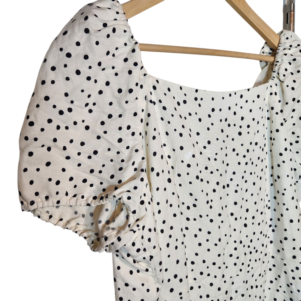 LOFT White Black Polka Dot Linen Puff Sleeve Cut-Out Tie Back Flare‎ Dress 14 - Picture 6 of 16